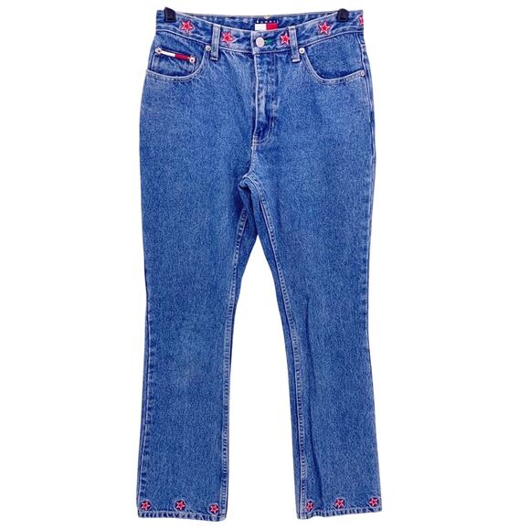 VINTAGE Y2K Tommy Jeans Low Rise Embroidered Flared Jeans Womens Size 3 - Picture 2 of 11